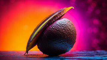 foto do Preto sapote fruta metade contra uma colorida abstrato fundo. generativo ai
