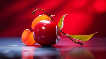 foto do acerola fruta metade contra uma colorida abstrato fundo. generativo ai