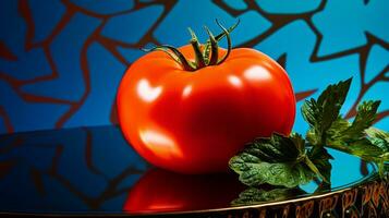 foto do tomate fruta metade contra uma colorida abstrato fundo. generativo ai