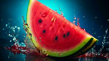 foto do Melancia fruta metade contra uma colorida abstrato fundo. generativo ai