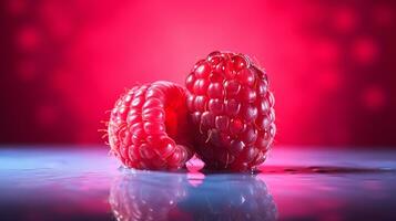 foto do vermelho framboesa fruta metade contra uma colorida abstrato fundo. generativo ai