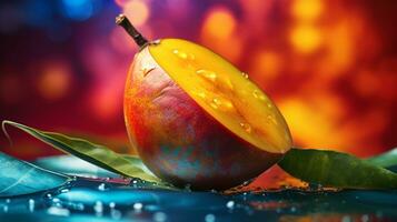 foto do saipan manga fruta metade contra uma colorida abstrato fundo. generativo ai