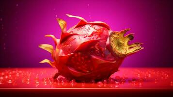 foto do vermelho pitaiaiás fruta metade contra uma colorida abstrato fundo. generativo ai