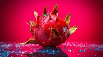 foto do vermelho pitaiaiás fruta metade contra uma colorida abstrato fundo. generativo ai