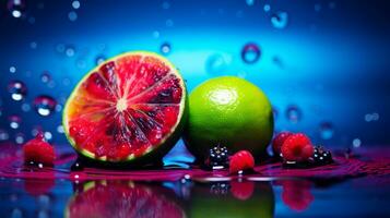 foto do Lima baga fruta metade contra uma colorida abstrato fundo. generativo ai