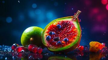foto do jamblang fruta metade contra uma colorida abstrato fundo. generativo ai