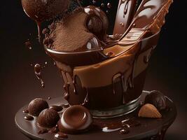 chocolate sobremesas com doces, chocolate splash. generativo ai foto