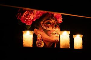 calavera Catrina sentado em uma trono. açúcar crânio inventar. dia de los mortos. dia do a morto. dia das Bruxas. foto