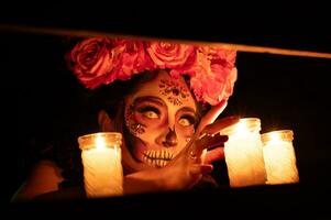 calavera Catrina sentado em uma trono. açúcar crânio inventar. dia de los mortos. dia do a morto. dia das Bruxas. foto