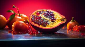 foto do Canistel fruta metade contra uma colorida abstrato fundo. generativo ai
