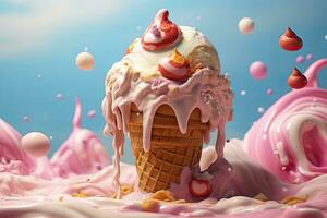 gelo creme dentro waffle cone com Rosa salpicos. 3d Renderização, uma solitário pinguim em uma Derretendo gelo floe representando clima mudança e global aquecimento, ai gerado foto