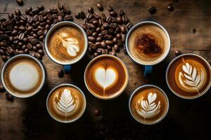 café copos com café com leite arte em de madeira mesa. topo visualizar, múltiplo copos do café com variedade do café bebidas a sobrecarga visualizar, ai gerado foto