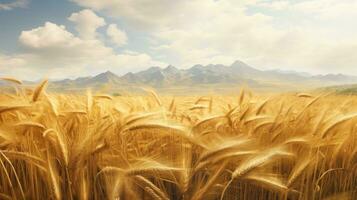 uma campo do trigo com montanhas dentro a fundo foto