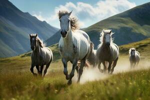 uma grupo do cavalos corrida dentro uma campo foto