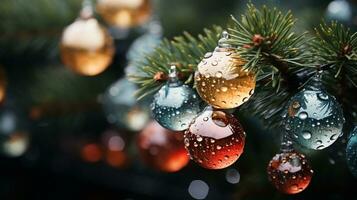 fechar acima do iluminado Natal árvore ornamento, inverno feriados decoração, cópia de espaço, cumprimento cartão, ai generativo foto