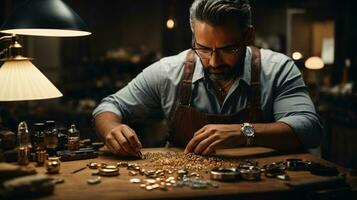 joalheiro trabalhando em a Banco foto