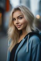 lindo loiro jovem mulher vestindo suéter moletom com capuz fique e posando em cidade rua. foco com bokeh. generativo ai foto