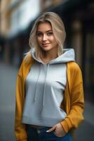 lindo loiro jovem mulher vestindo suéter moletom com capuz fique e posando em cidade rua. foco com bokeh. generativo ai foto