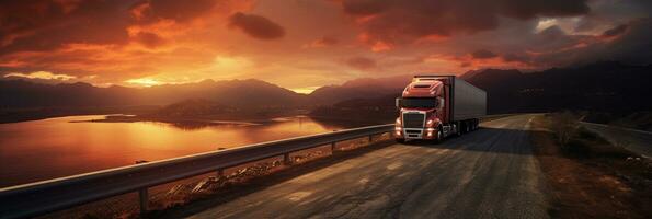 caminhões dirigindo em autoestrada, rural paisagem, dramático pôr do sol, transporte em estrada, ai generativo foto