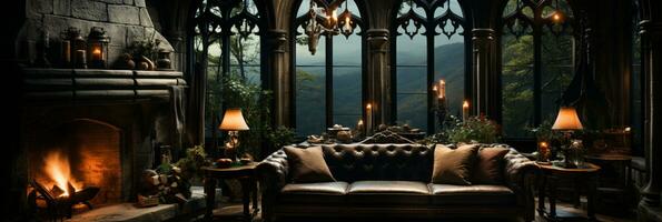 interior projeto, lindo vivo quarto gótico estilo, luxo mansão, elegante alta janela, ai generativo foto