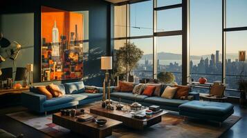interior Projeto moderno vivo sala, janelas mostrar deslumbrante Visão do a cidade Horizonte, apartamento sala, ai generativo foto
