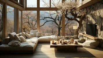 interior projeto, minimalista vivo quarto com sereno natureza visualizar, lindo villa Projeto dentro a floresta, ai generativo foto