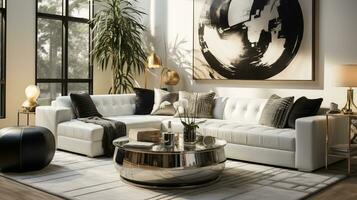 luxuoso mobiliado vivo sala, espaçoso acolhedor sofá, Preto e branco monocromático paleta, elegante interior projeto, ai generativo foto