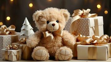 fofa pelúcia brinquedo suave Urso e caixas com presentes para Natal e Novo ano foto