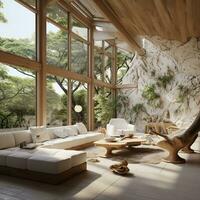 interior projeto, minimalista vivo quarto com sereno natureza visualizar, lindo villa Projeto dentro a floresta, ai generativo foto