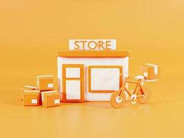 3d Renderização do abstrato loja construção com caixas e bicicleta isolado em laranja fundo. 3d Entrega o negócio ilustração. foto