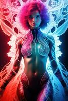 beleza digital arte retrato do jovem mulher com Maquiagem e grandes cabelo dentro vibrante cores. generativo ai foto