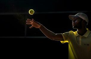 africano americano tênis jogador dentro boné e amarelo uniforme jogando tênis ai gerado foto