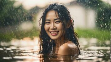 retrato do lindo erótico sorridente molhado ásia mulher dentro a água dentro a chuva. generativo ai foto