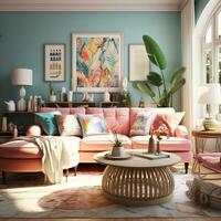 mobiliado moderno vivo sala, brilhante azul e Rosa cor paleta, interior projeto, ai generativo foto