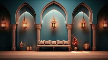 pódio fundo dentro Ramadã feriado minimalismo estilo . oriental árabe Projeto com tons do bege cores. ai generativo foto