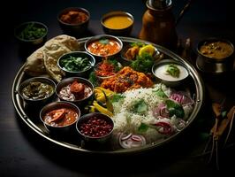 indiano cozinha thali em uma mesa com diferente indiano alimentos ai generativo foto