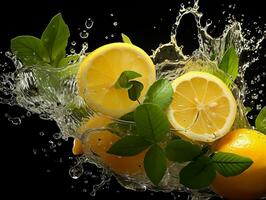 limão fatia espirrando Fora água com hortelã folhas ai generativo foto