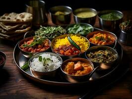 indiano cozinha thali em uma mesa com diferente indiano alimentos ai generativo foto