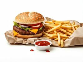 embalagem Hamburger com fritas e ketchup ai generativo foto