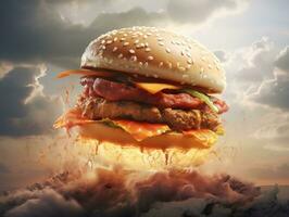 Hamburger rabo baixa dentro a ar ai generativo foto
