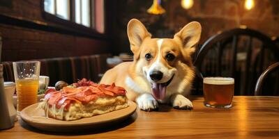 encantador corgi cachorro alegremente goza uma delicioso refeição às uma acolhedor de madeira mesa. ai generativo. foto