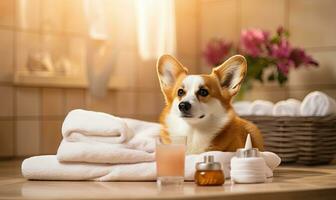 corgi goza uma ensolarado spa dia, relaxante em uma cobertor. ai generativo. foto