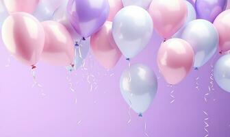 brincalhão branco e roxa balões realçando uma festivo. ai generativo. foto