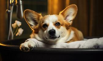 corgi goza uma ensolarado spa dia, relaxante em uma cobertor. ai generativo. foto