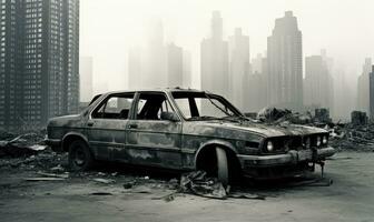 abandonado, naufragado carro dentro uma cidade. ai generativo. foto