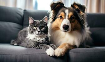 dentro uma sereno vivo sala, dois adorável animais de estimação, uma cachorro e uma gato. ai generativo. foto