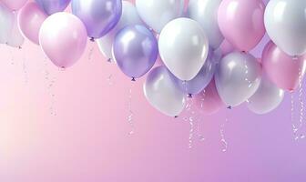 brincalhão branco e roxa balões realçando uma festivo. ai generativo. foto