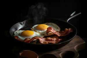 ovos e bacon com uma Tomilho raminho dentro uma fritar frigideira, de madeira fundo. ai generativo foto