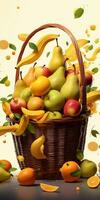 uma tiro do fresco frutas dentro cesta isolado em branco fundo, misturar fresco frutas gostar maçã, banana, uvas e pera dentro cesta generativo ai foto
