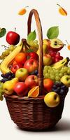 uma fechar-se do fresco frutas dentro cesta isolado em branco fundo, misturar fresco frutas gostar maçã, banana, uvas e pera dentro cesta generativo ai foto